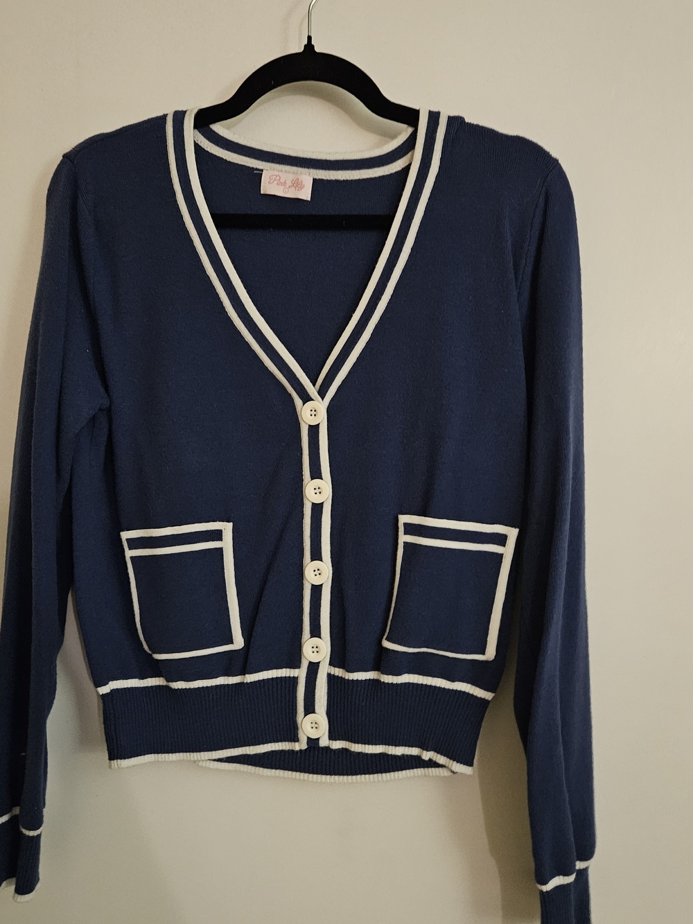 Pink Lily Navy Cardigan with White Trim Accents